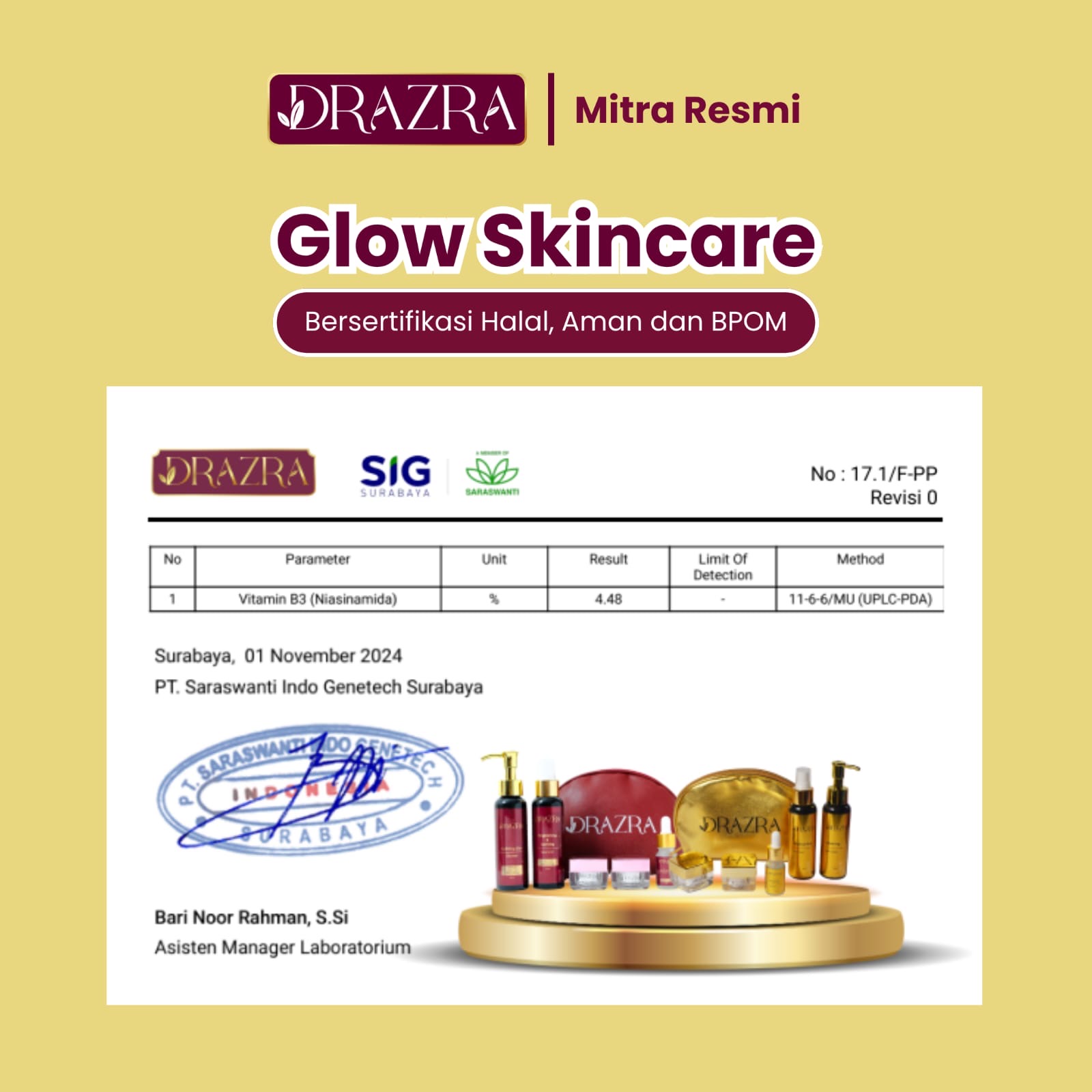 Hasil uji Glow Skincare untuk Niacinamide
