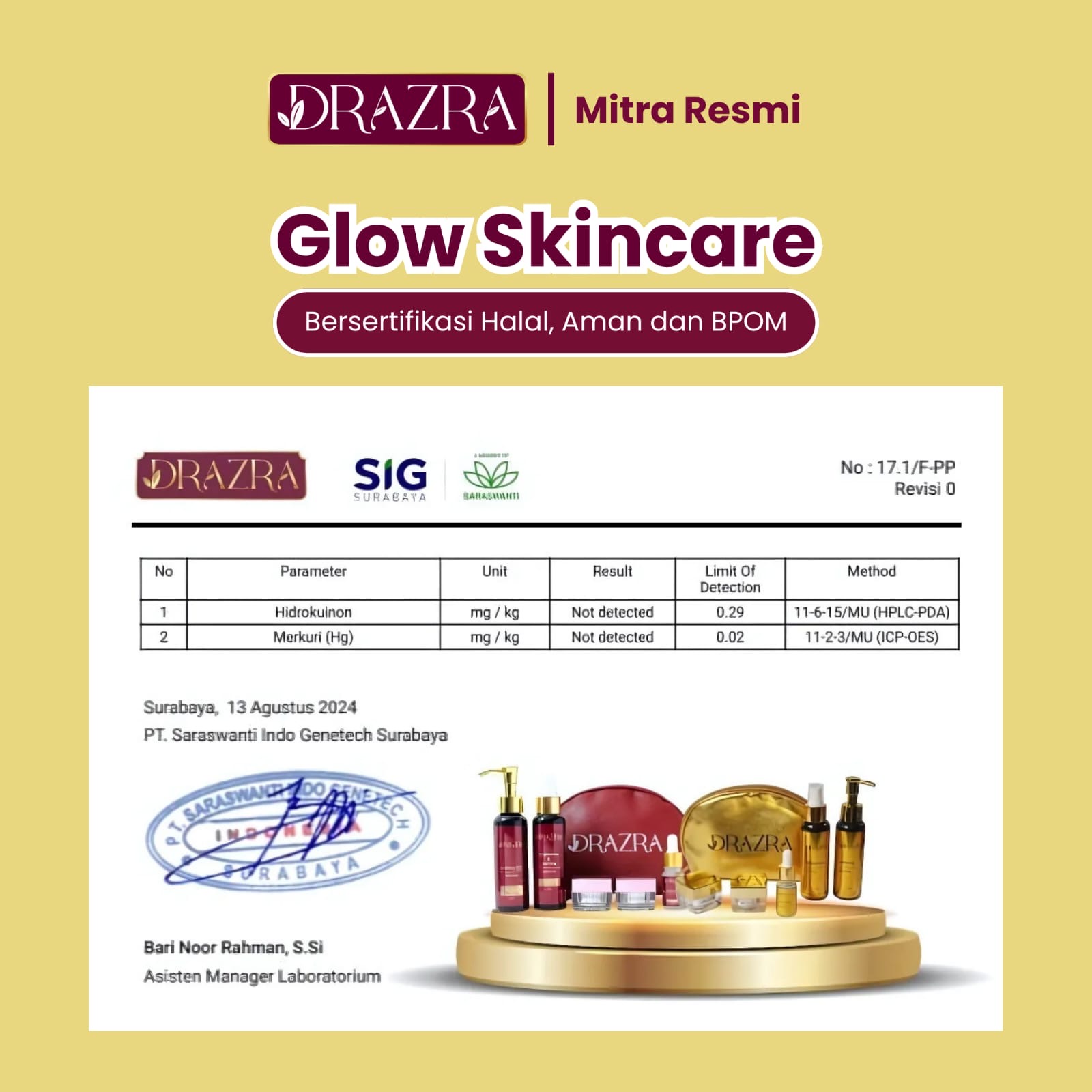 Hasil uji Glow Skincare untuk hidrokuinon dan merkuri